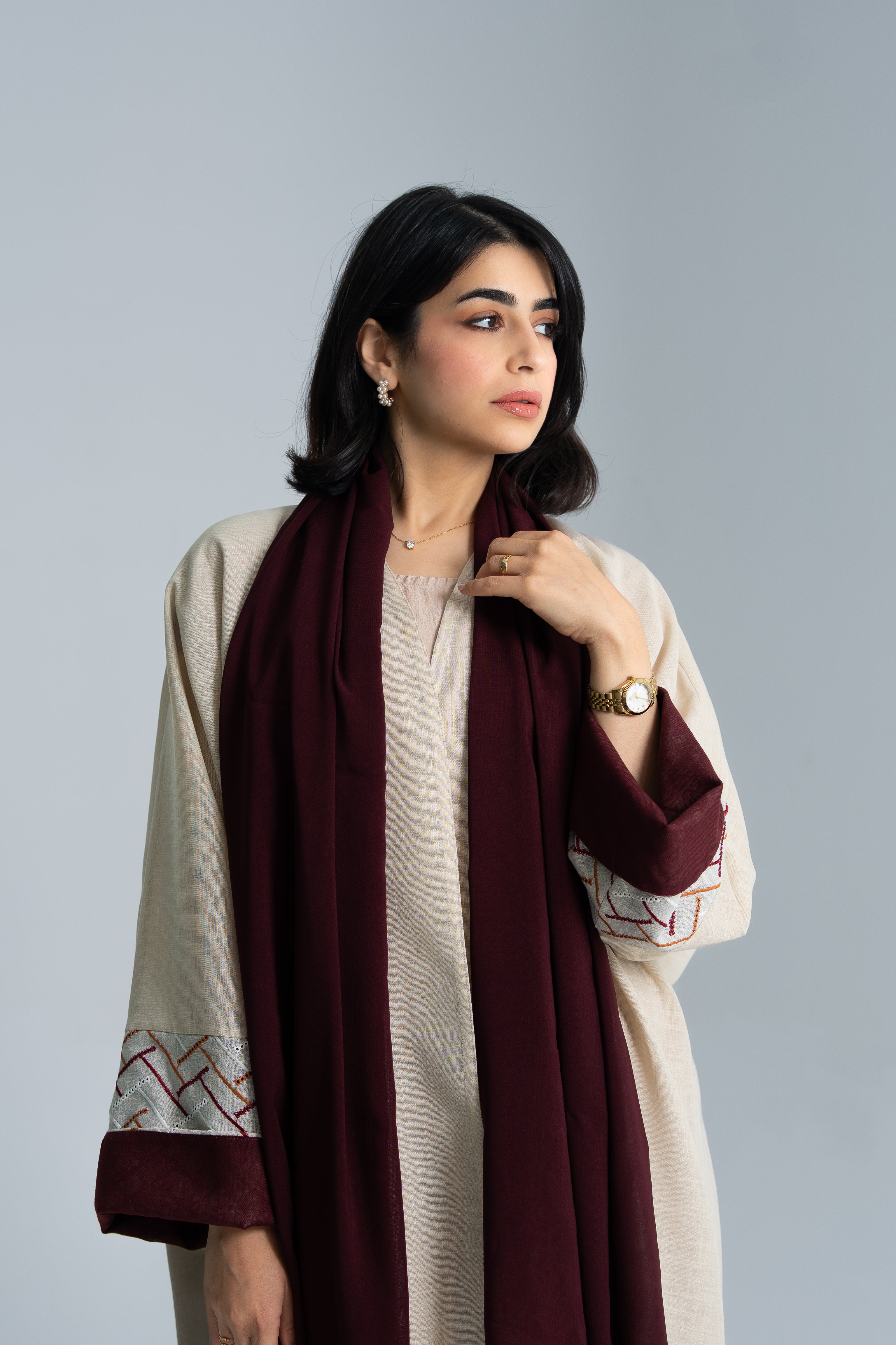Beige Linen Abaya in Half Bisht Cut