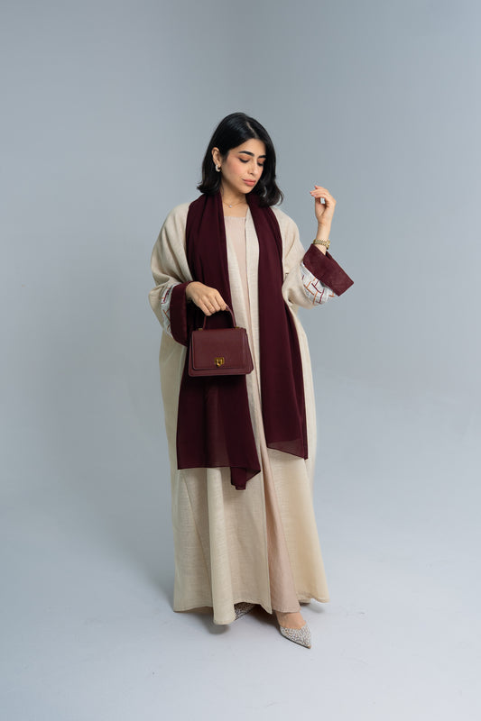 Beige Linen Abaya in Half Bisht Cut