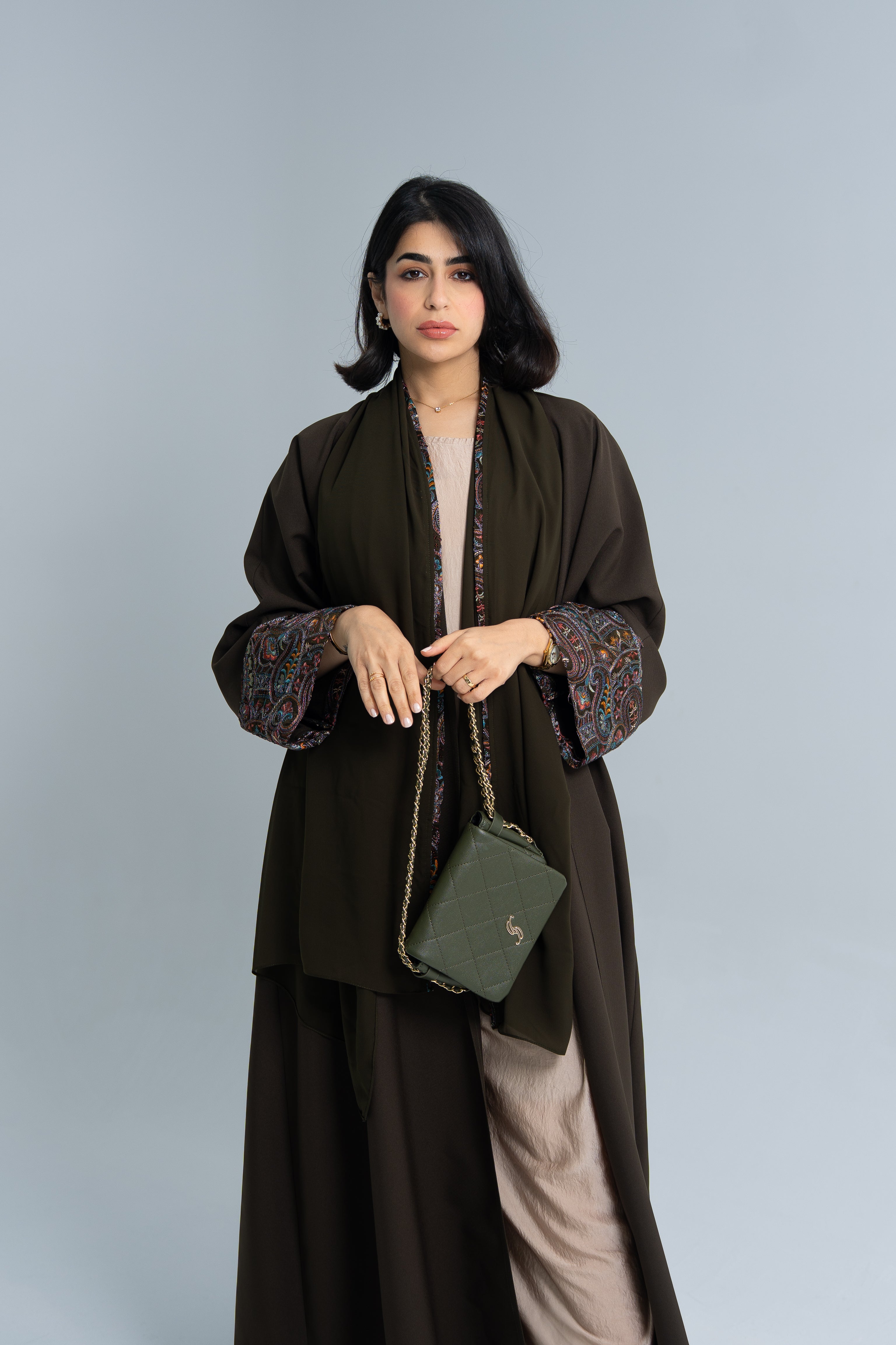 Quarter Bisht cut abaya with Indian embroidery on sleeves