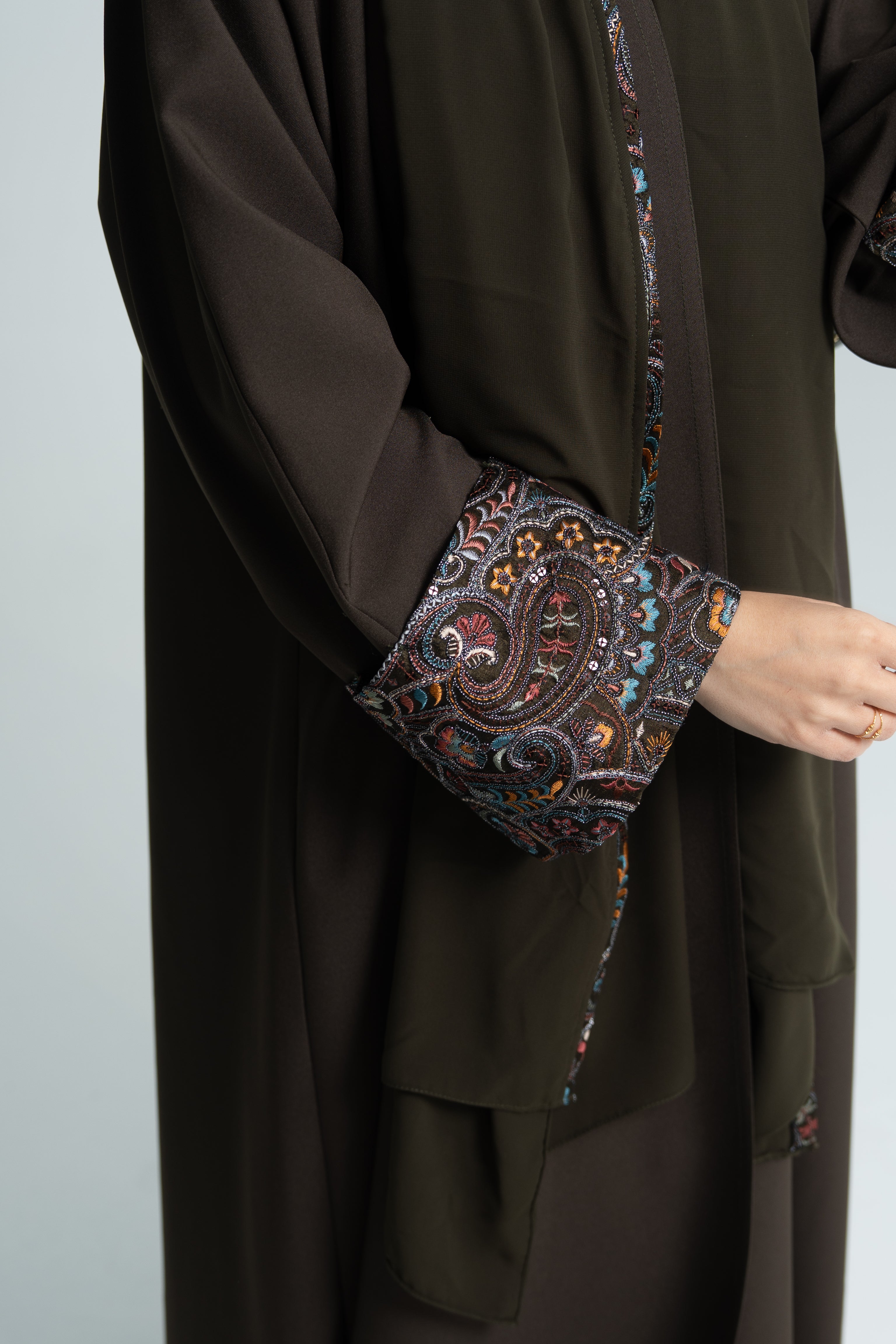 Quarter Bisht cut abaya with Indian embroidery on sleeves