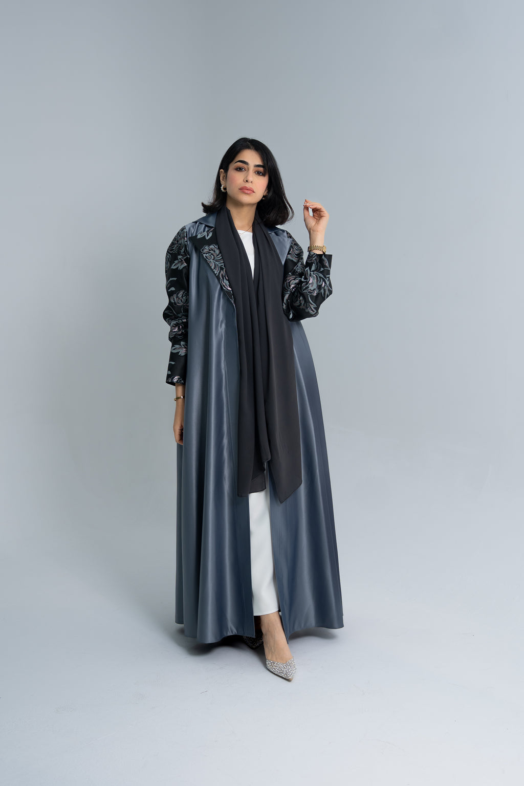 Blazer cut abaya with floral silk jacquard on sleeves