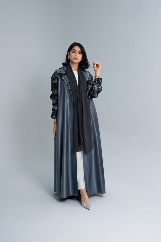 Blazer cut abaya with floral silk jacquard on sleeves