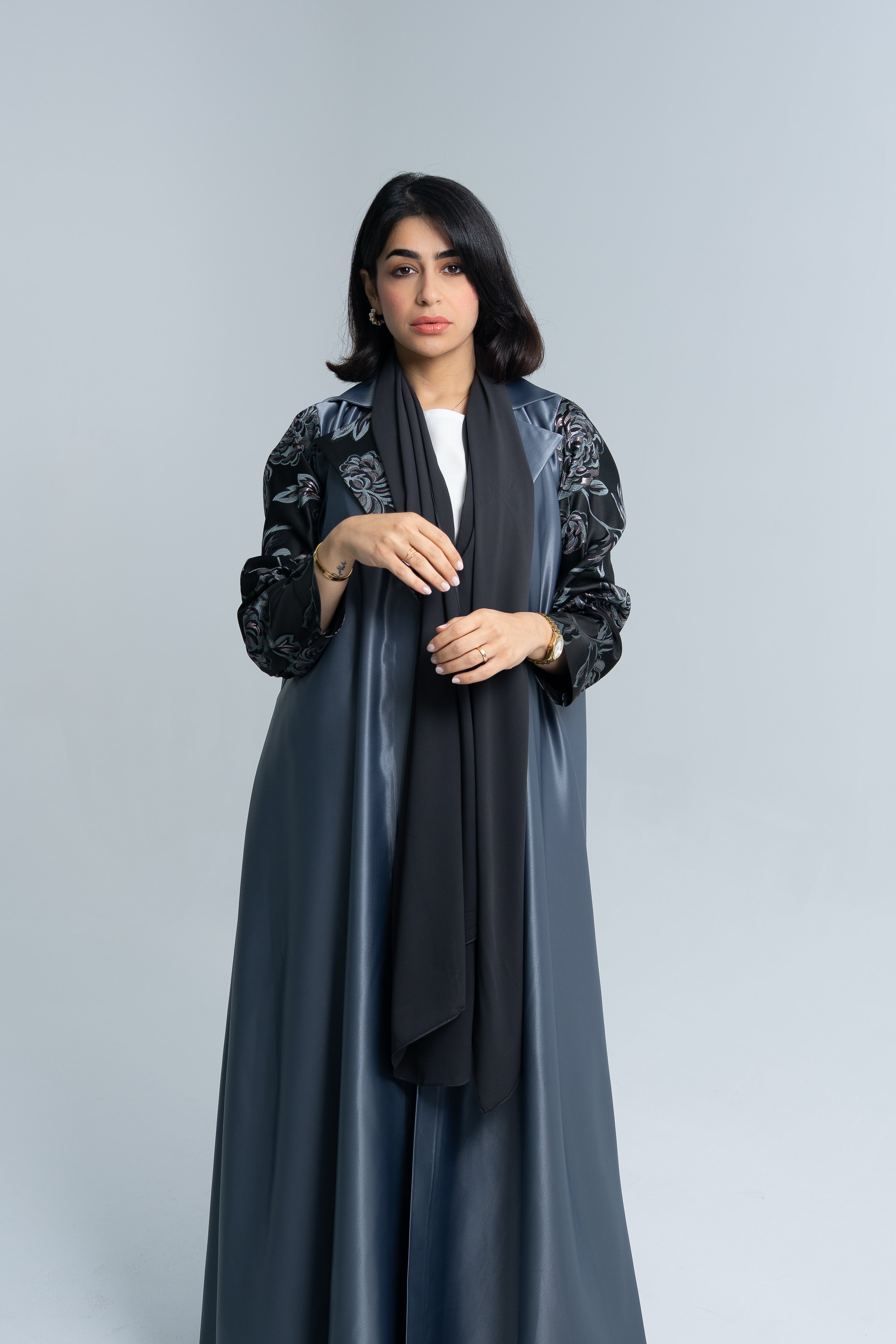 Blazer cut abaya with floral silk jacquard on sleeves