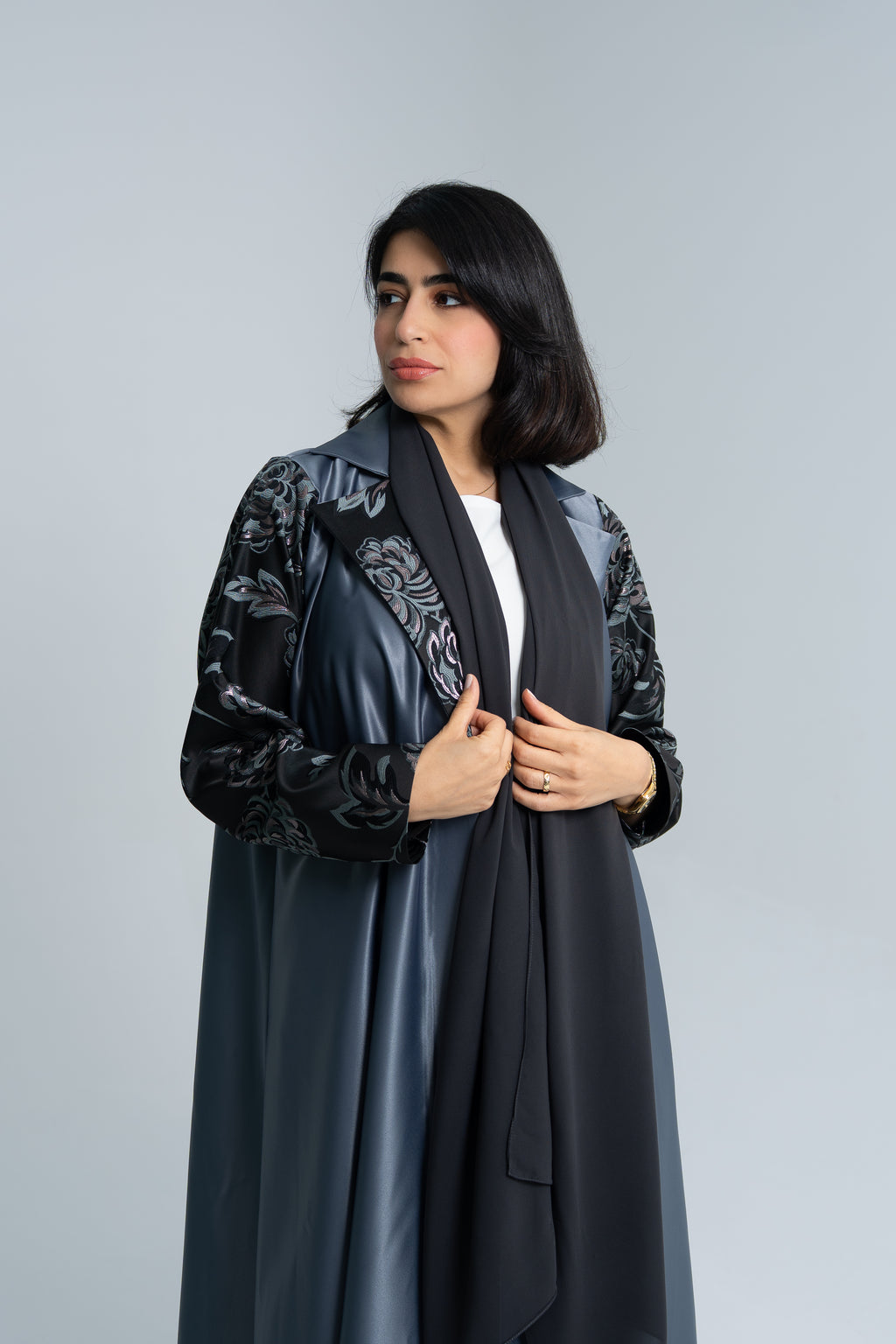 Blazer cut abaya with floral silk jacquard on sleeves