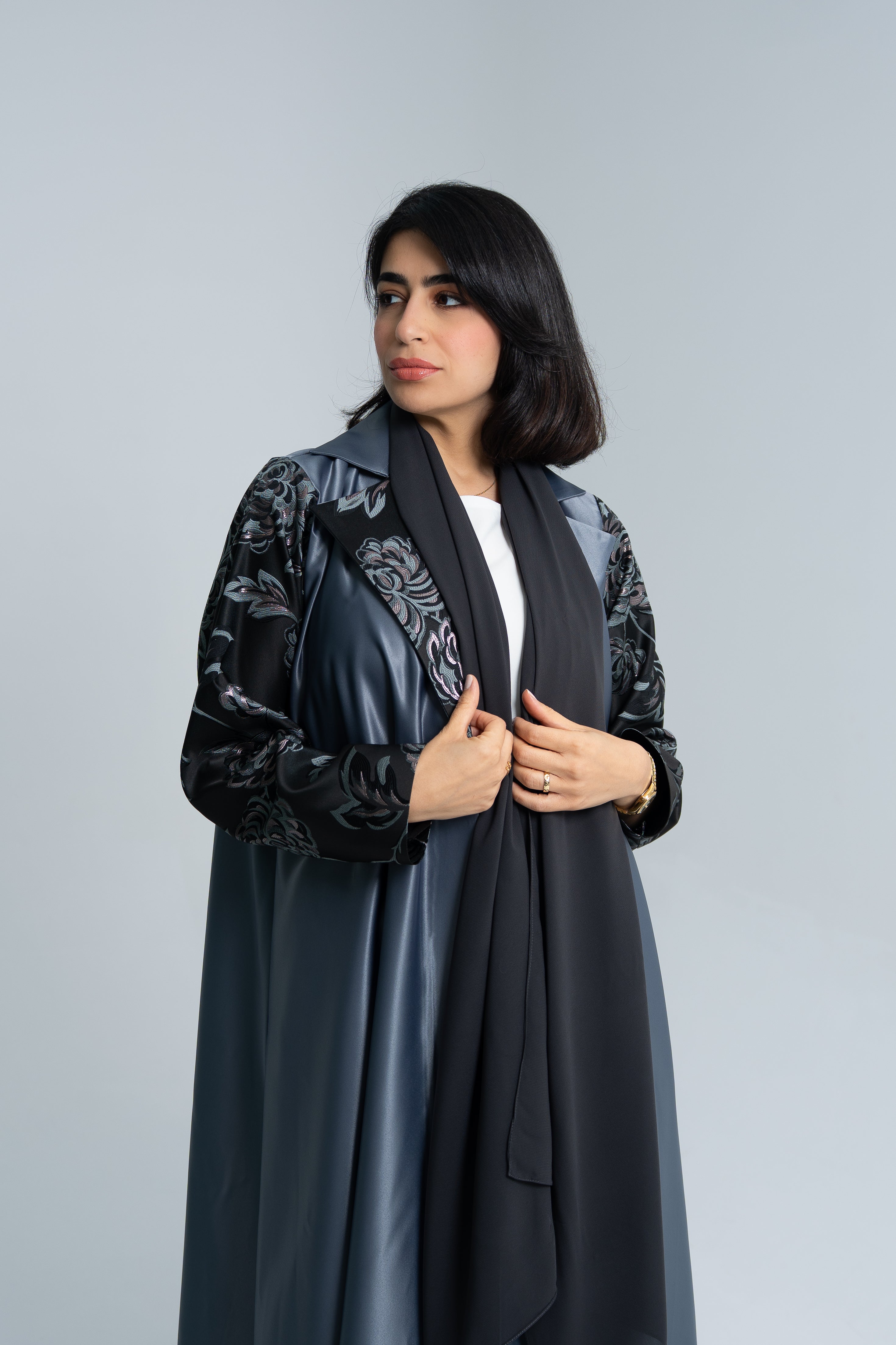 Blazer cut abaya with floral silk jacquard on sleeves
